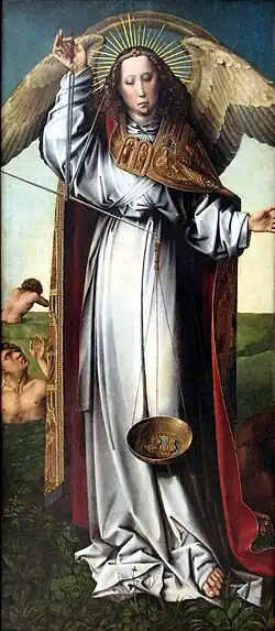 Saint Michel à la balance, retable du Jugement dernier, église Saint Alban à Cologne, peinture de Colijn de Coter. (ca 1455; actif avant 1539)