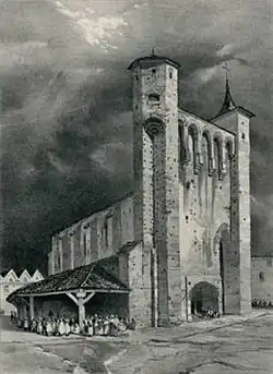 Lithographie noir et blanc figurant la façade et un côté d'une collégiale.