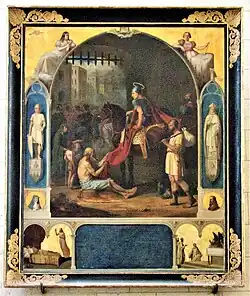 Photographie en couleurs d'un tableau représentant un cavalier qui partage son manteau.