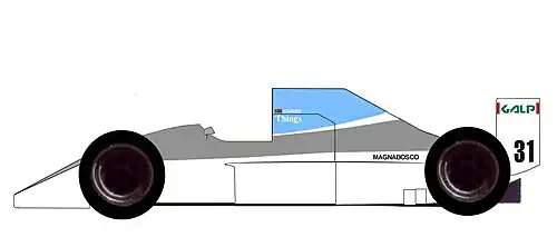 Schéma représentant la Coloni C4 de 1991, une monoplace blanche, bleue et grise