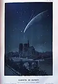 La comète Donati au-dessus de la cathédrale Notre-Dame à Paris le 4 octobre 1858. Gravure en couleurs dans : Amédée Guillemin, Le Ciel. Notions d’astronomie à l’usage des gens du monde et de la jeunesse, Paris, Hachette, 1877.