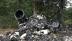 Photo de la partie arrière de l'avion, carbonisé et en morceaux après l'incendie ayant résulté de l'accident.