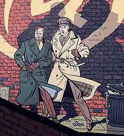 Fresque murale en couleurs avec les personnages Blake et Mortimer devant un mur portant une marque jaune.