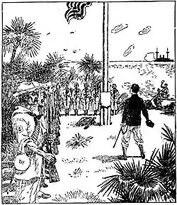 Gravure divisée en trois plans. Le premier montre à gauche de l'image des feuilles de palmiers et à gauche, des soldats américains habillés dans le style de la fin du XXe siècle. Au second plan, un commandant habillé en noir, chapeau dans la main droite, devant le drapeau américain haussé entouré d'autres soldats, le tout sur un paysage représentant des palmiers et du sable. Le troisième plan représente l'océan, au fond, à droite, la silhouette d'un bateau, ce plan est divisé en deux, l'océan sur la partie inférieure et le ciel sur la partie supérieure.