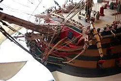 La proue avec le mât de beaupré incliné vers l'avant et la partie supérieure du gaillard d'avant, porteur du mat de misaine.