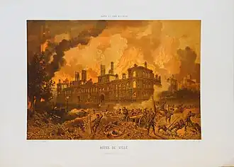 L'Hôtel de Ville incendié le 24 mai 1871 par les communards pour ralentir la progression des troupes versaillaises pendant la Semaine sanglante.