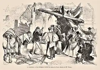 Groupe de gens habillés en bourgeois observant de près des décombres.