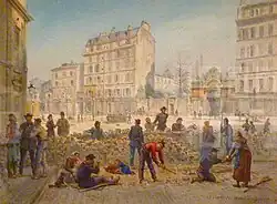 Construction d'une barricade place Blanche le 19 mars 1871, aquarelle de Jean-Baptiste Arnaud-Durbec. Musée Carnavalet.