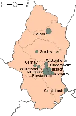 Carte du Haut Rhin, qui représente ses communes de plus de 10 000 habitants.