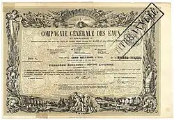 Certificat provisoire de fondation de la Compagnie Générale des Eaux (CGE) de 5 actions de 125 francs chacune, daté à Paris le 16 août 1853, signé de la main de Barthélemy Prosper Enfantin en tant que directeur général. La création de la Compagnie Générale des Eaux, qui prendra le nom de Vivendi en 1998, découle des idées socialistes du saint-simonien Enfantin.
