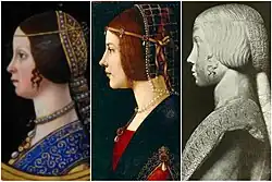 Le Portrait d’une Dame de Ambrogio de Predis de l’Ambrosiana (au centre): traditionnellement attribué à Béatrice, mais les traits du visage très différents de ceux connus, ainsi que l’absence du coazzon, détournent l’attention de cette idée. Aujourd’hui, il est principalement identifié comme un portrait d’Anna Maria Sforza.