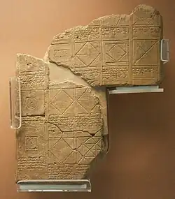 Tablette partiellement illustrée compilant des problèmes géométriques concernant des calculs de volumes, avec leur solution. Larsa, période paléo-babylonienne (v. 1900-1700 av. J.-C.). British Museum.