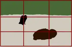 Schéma en couleurs. L'image est parcourue de lignes divisant la composition en tiers horizontaux et verticaux. L'enfant se trouve à l'intersection en bas à droite ; le vautour se trouver à l'interseciton en haut à gauche. Les deux tiers horizontaux sont couleur terre, tandis que le tiers supérieur est vert brousaille.
