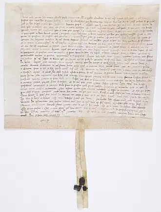 Concession d’eau à prendre sur la fontaine de l’hôtel Saint-Paul faite par le roi de France Charles VI au profit du couvent des Célestins, 26 avril 1402, Archives nationales de France.