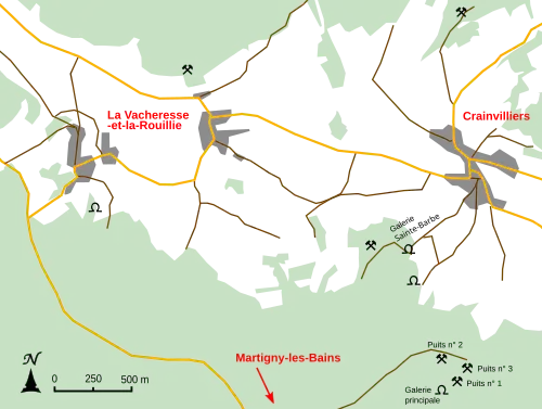 Carte localisant les travaux miniers et les villages.