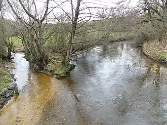 Le ruisseau de l'étang des Landes (à gauche), conflue avec la Voueize au pont Bredeix.