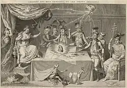 Estampe qui caricature une assemblée de monarques autour d'une table