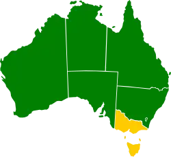 Carte de l'Australie, un code de couleurs distinguant les États selon leurs dates de mise en œuvre du tri.