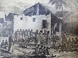 Marché aux esclaves devant l'église anglicane de Stone Town à Zanzibar, par Edwin Roper Loftus Stocqueler&nbsp;(en), 1860.