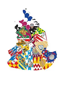 Contrada : (1) Istrice - Porc-épic, (2) Drago - Dragon, (3) Luva - Louve, (4) Oca - Oie, (5) Bruco - Chenille, (6) Giraffa – Girafe, (7) Civetta - Chouette, (8) Selva – Forêt, (9) Aquila – Aigle, (10) Leocorno – Licorne, (11) Pantera – Panthère, (12) Torre – Tour, (13) Onda – L’Onde, (14) Nicchio – Coquille, (15) Tartuca – Tortue, (16) Valdimontone – Bélier, (17) Chiocciola – Escargot.