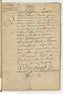 Manuscrit : première page du contrat de mariage de Pierre Arnoul et de Françoise de Soissan