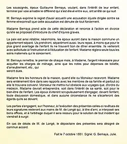 Convention passée entre les époux Bernays le 7 octobre 1881.