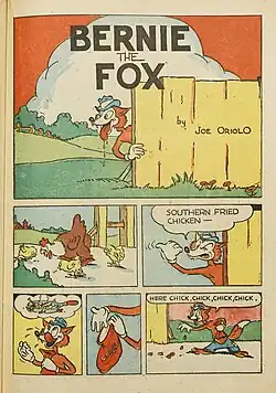 La première page d'une bande dessinée de "Bernie le Renard" sur le troisième numéro de la série Coo Coo Comics publiée par Nedor Publishing.