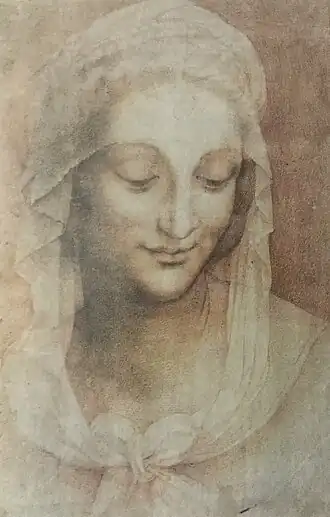 Dessin crayonné en couleurs de la tête d'une femme au regard incliné vers le bas.