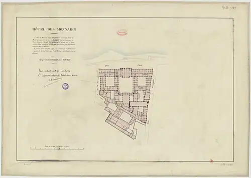 Plan de l'Hôtel des Monnaies établi en 1821-1822,  montrant l'hôtel de L'Averdy en bas.