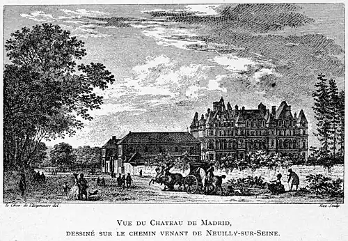 Vue du château de Madrid, dessiné sur le chemin venant de Neuilly-sur-Seine, gravure de François Denis Née d'après Lespinasse.