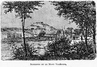 Le mont Valérien, le village de Suresnes et la Seine sur une gravure figurant le site au XIXe&nbsp;siècle.