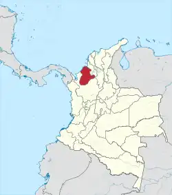 Carte des limites administratives de Colombie. Le pays est en blanc sur fond bleu de la mer et pays voisins grisés. Le département de Córdoba est en rouge.