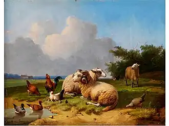 Idylle avec moutons et volaille.