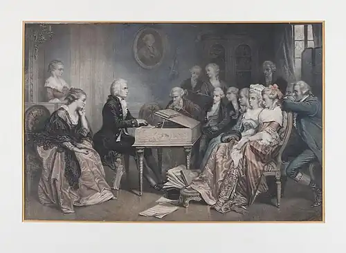 Reproduction en lithographie de Mozart au clavecin d'Édouard Jean Conrad Hamman (n. d., coll. priv.).