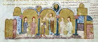 Miniature d'un manuscrit représentant le couronnement d'un homme devant un groupe de dignitaires.