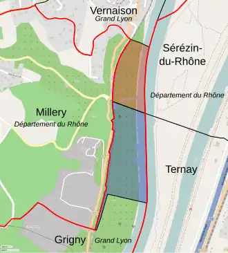 En rouge le territoire de Millery qui a intégré Vernaison, en bleu le territoire qui a rejoint Grigny-sur-Rhône. Ces deux territoires ont ainsi rejoint la métropole coupant le département du Rhône en deux.