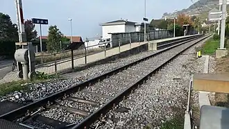 Vue d'ensemble de la gare avec le quai et la voie.