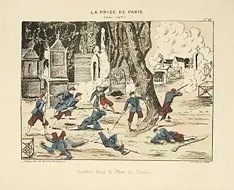 Dessin montrant des soldats vêtus de bleu, de blanc et de rouge combattant dans un cimetière.