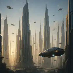 Image générée par IA avec de hauts immeubles et des voitures volantes.