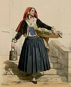 Illustration d'une femme portant un panier et un seau.