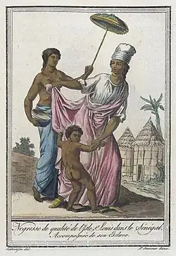 « Négresse de qualité de l'Isle St. Louis dans le Sénégal. Accompagnée de son esclave », 1797.