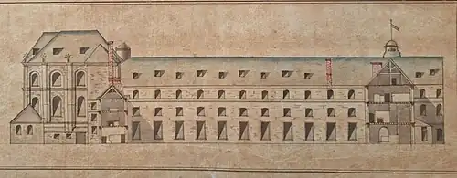 Schéma de coupe de l'école de Saint-Cyr du côté de l'entrée, XVIIIe&nbsp;siècle, localisation inconnue