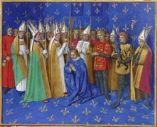Couronnement de Philippe Auguste (Grandes Chroniques de France (Jean Fouquet), XVe&nbsp;siècle).
