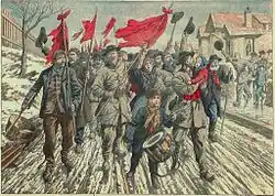 Dessin en couleurs montrant des hommes, des femmes et des enfants manifestant dans une rue en brandissant des drapeaux rouges.