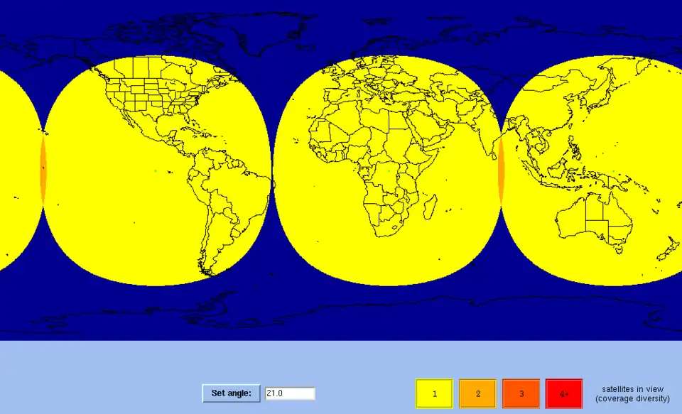 Couverture téléphonique des satellites géostationnaires Inmarsat-4 avec un obstacle nécessitant une élévation de 21°