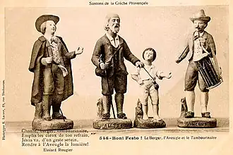 Le berger, l’aveugle, son fils et le tambourinaire, santons du début du XXe&nbsp;siècle