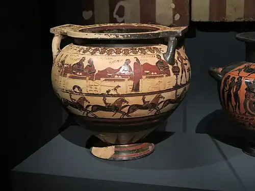 Cratère d'Eurytios. Héraklès au banquet d'Eurytios en compagnie de sa fille Iole. Figures noires et couleurs. Caere. CA 600-590. Musée du Louvre