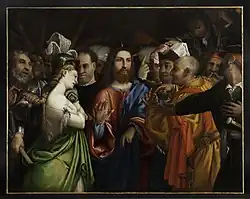 Le Christ et la Femme Adultère, Lorenzo Lotto, 2e quart du XVIe&nbsp;siècle, Réplique tardive de l’original ayant appartenu à Louis XIV.