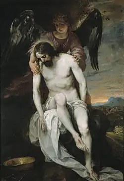 Alonso Cano, Le Christ mort porté par un ange, v. 1649, huile sur toile, 178&nbsp;×&nbsp;120&nbsp;cm, Madrid, musée du Prado.