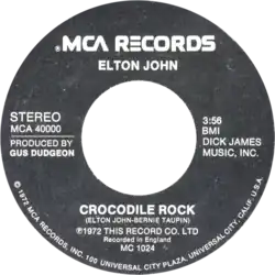 Macaron d'un disque vinyle : un disque entièrement noir avec du texte en lettres blanches indiquant notamment le titre Crocodile Rock, l'artiste Elton John et la maison de disques MCA Records.